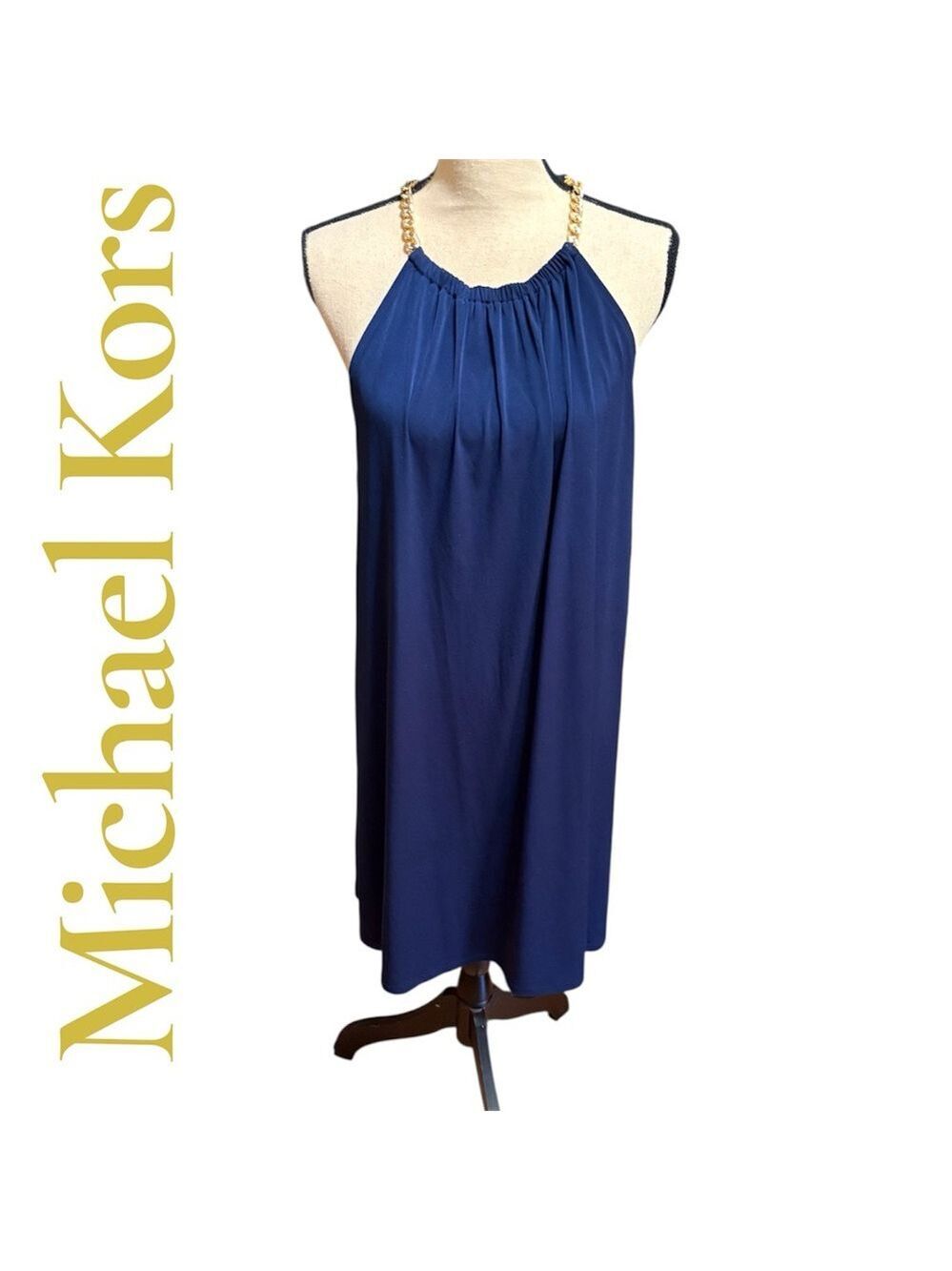 Michael Kors Navy Shift Dress w/Gold Chain straps. XL. Back Zip. EUC